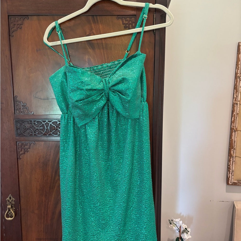 Show Me Your MuMu Shimmery Emerald Green Bow-Front Slip Dress